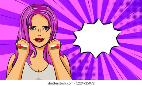 European woman paint hands of national flag Oman in pop art style illustration. Element of sport fan illustration for mobile and web apps