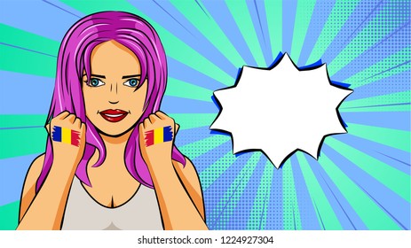 European woman paint hands of national flag Andorra in pop art style illustration. Element of sport fan illustration for mobile and web apps