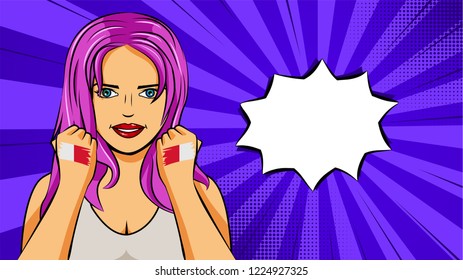 European woman paint hands of national flag Malta in pop art style illustration. Element of sport fan illustration for mobile and web apps