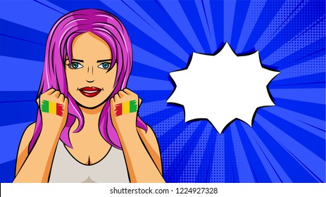 European woman paint hands of national flag Mali in pop art style illustration. Element of sport fan illustration for mobile and web apps