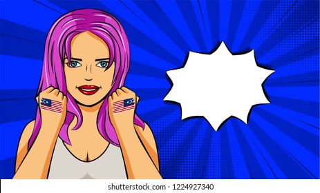 European woman paint hands of national flag Malaysia in pop art style illustration. Element of sport fan illustration for mobile and web apps