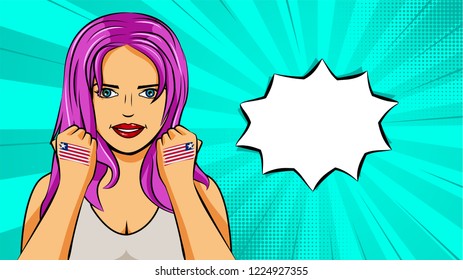 European woman paint hands of national flag Liberia in pop art style illustration. Element of sport fan illustration for mobile and web apps