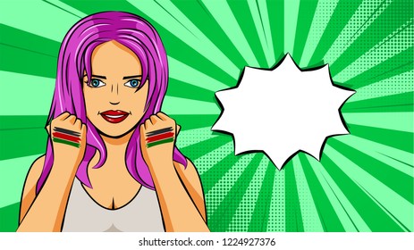 European woman paint hands of national flag Kenya in pop art style illustration. Element of sport fan illustration for mobile and web apps