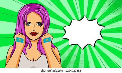 European woman paint hands of national flag Kazakhstan in pop art style illustration. Element of sport fan illustration for mobile and web apps