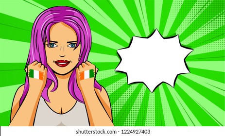 European woman paint hands of national flag Ireland in pop art style illustration. Element of sport fan illustration for mobile and web apps