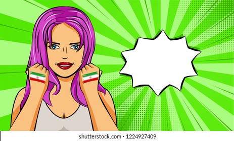 European woman paint hands of national flag Iran in pop art style illustration. Element of sport fan illustration for mobile and web apps