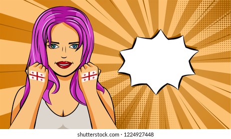European woman paint hands of national flag Georgia in pop art style illustration. Element of sport fan illustration for mobile and web apps