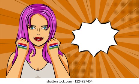 European woman paint hands of national flag Gambia in pop art style illustration. Element of sport fan illustration for mobile and web apps