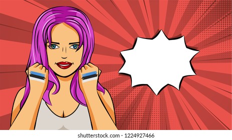 European woman paint hands of national flag Estonia in pop art style illustration. Element of sport fan illustration for mobile and web apps