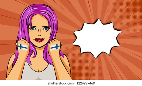 European woman paint hands of national flag Finland in pop art style illustration. Element of sport fan illustration for mobile and web apps