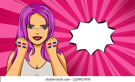 European woman paint hands of national flag Dominican Republic in pop art style illustration. Element of sport fan illustration for mobile and web apps
