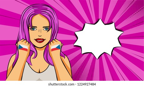 European woman paint hands of national flag Czech Republic in pop art style illustration. Element of sport fan illustration for mobile and web apps