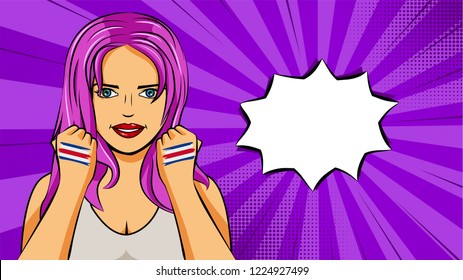 European woman paint hands of national flag Costa Rica in pop art style illustration. Element of sport fan illustration for mobile and web apps