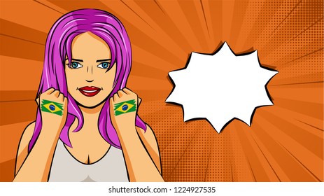 European woman paint hands of national flag Brazil in pop art style illustration. Element of sport fan illustration for mobile and web apps