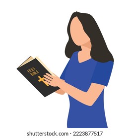 European woman is reading holy bible. Vector illustration.