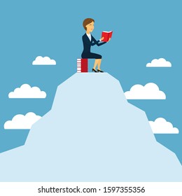 European woman sits on a mountain among the clouds with a book in hands. Business lady. Teacher. Marketer. Business trainer. Director. Employee. Financier. Higher education. Career growth. Student.