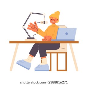 European woman speaking into mic stand notebook desk 2D cartoon character. Radio personality caucasian female isolated vector person white background. Recording podcast color flat spot illustration