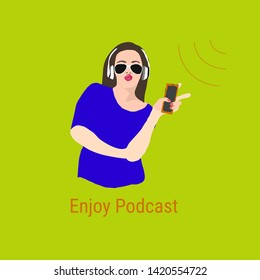 European woman  in sun glasses and white EarPods wearing bright blue dress holds orange mobile phone in left hand is  listening podcast. vector illustration in bright colors 