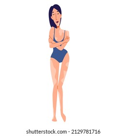 European  woman with vitiligo. The girl hugs herself. The concept of body positivity, self-acceptance. skin disease vitiligo.