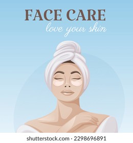 European woman in a white bathrobe and towel. Eye patches. Concept of self-care, relaxation. Face care, love your skin, square card. Vector illustration