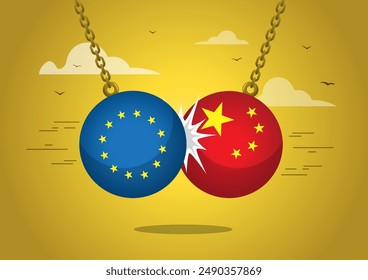 European wrecking ball smashes China. Representing the tense relation between American and China. due the Trade War.