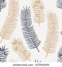 European yew vector background. Evergreen tree botanical drawing. Hand drawn conifer plant seamless pattern. Perfect for Christmas design, greeting cards, banner, decoration or packaging. 