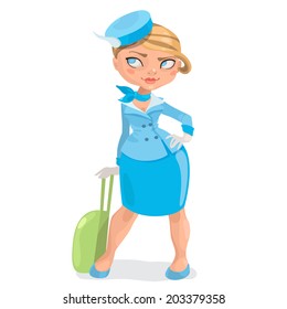 european young blond woman stewardess with luggage green