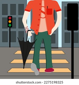 European young man on the road in the city.