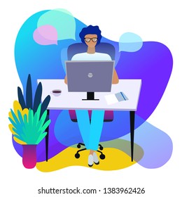 European young man programmer in glasses works on the computer. Creative idea for the landing page. Vector colorful illustration with gradient shapes. Web development concept design.