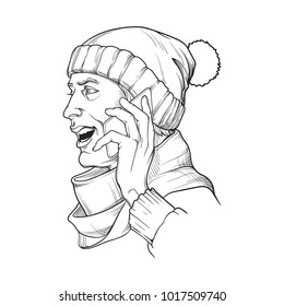 European young man in winter clothes speaking on the phone and smiling. Black and white linear sketch isolated n white background. EPS10 vector illustration