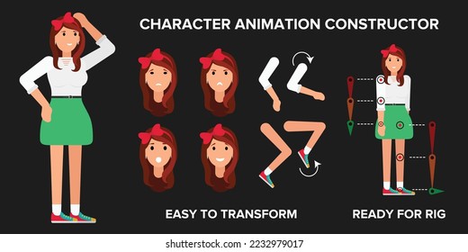 European Young Pretty Woman with Brown Hair in Green Skirt Character constructor, various Emotions. Layers Ready for Rigging. Full length portrait. Animation set for Motion Design. Vector Flat Isolate