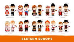 Europeans In National Clothes. Eastern Europe. Set Of Cartoon Characters In Traditional Costume. Cute People. Vector Flat Illustrations.