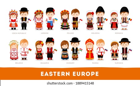 Europeans in national clothes. Eastern Europe. Set of cartoon characters in traditional costume. Cute people. Vector flat illustrations.