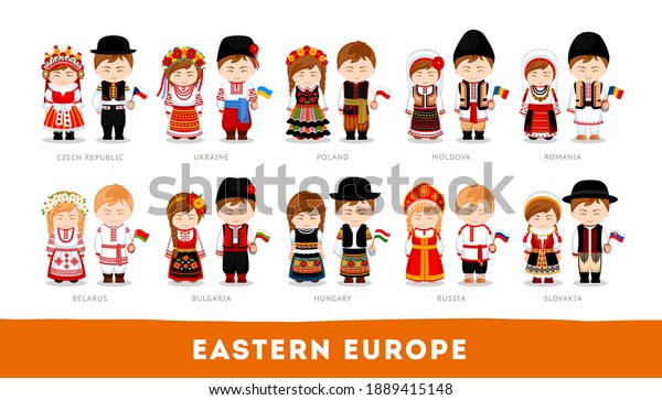 Europeans in national clothes. Eastern\
Europe. Set of cartoon characters in traditional costume. Cute\
people. Vector flat\
illustrations.
