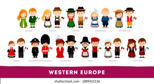 Europeans in national clothes. Western Europe. Set of cartoon characters in traditional costume. Cute people. Vector flat illustrations.