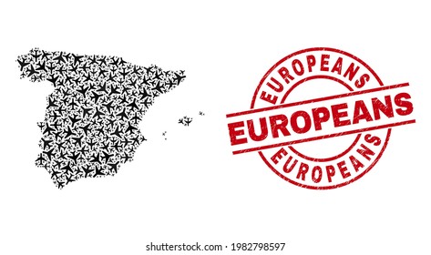 Europeans rubber stamp, and Spain map mosaic of jet vehicle items. Mosaic Spain map created with aviation items. Red stamp with Europeans word, and corroded rubber texture.