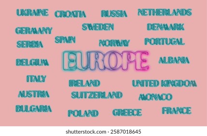 Europe's countries' names 3D isolated. EU names graffiti. Countries typography with agraphic bold name. World's famous countries' names illustration. Graphic vector design. eps format. removable BG
