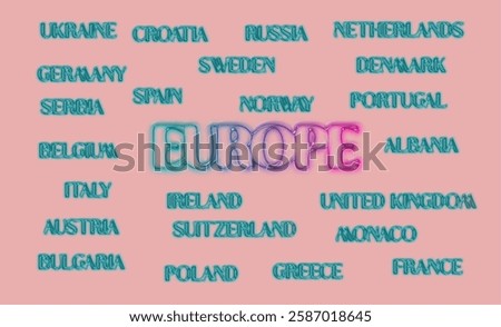 Europe's countries' names 3D isolated. EU names graffiti. Countries typography with agraphic bold name. World's famous countries' names illustration. Graphic vector design. eps format. removable BG
