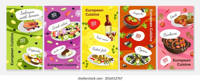 Europian cuisine, food story banner, vector illustration. Restaurant template marketing, promo poster with meal. Promotion with traditional salmon, greek salad, red wine, oysters and barbecue meat.