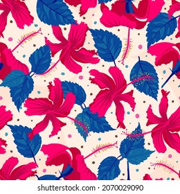 Europian hibiscus rosa sinensis blossoming seamless motif pattern with bright radiant colors for upholstery like bedspread, throw pillow, duvet etc.