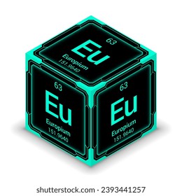Europium (Eu) (063) - Fundamental Element Futuristic Cybernetic Cube Block Isometric View, Icon Isolated White Background, Periodic Table, Chemical Symbol, Name, Atomic Mass, Atomic Number