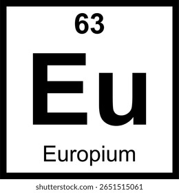 Quadro periódico de elementos do európio (Ue). Ícone com número atômico 63. Elemento lantanídeo utilizado como fósforo vermelho em ecrãs e em notas.