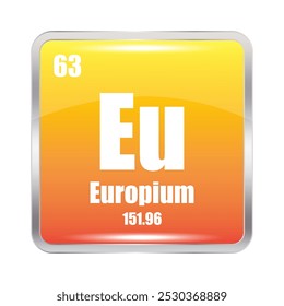 Europium-Symbol. Chemische Komponente der EU. Atomnummer 63. Masse 151,96. Orangefarbenes Quadrat.