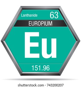 Europium symbol in the form of a hexagon with a metallic frame. Element number 63 of the Periodic Table of the Elements - Chemistry