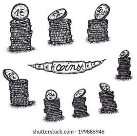 Euros coins Stack Set/ Illustration of a set of doodle hand drawn euros coins earnings stacks, with variety of amounts