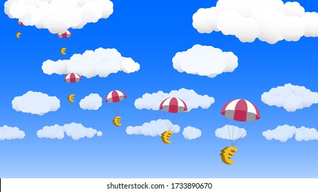 Euros cayendo desde el cielo, con nubes de fondo, en formato amplio. Durante una crisis financiera, los gobiernos y las agencias de asistencia social ofrecen asistencia financiera. 