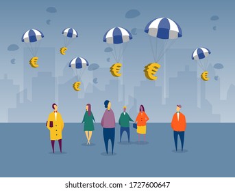 Euros floating into EU countries as financial relief plan for impending recession from the COVID-19 crisis. Citizens are looking up with city backdrop, waiting for government sponsored assistance.