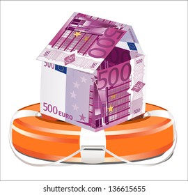 Euros House with Life Buoy on a white background. Insurance concept.ï¿½ï¿½