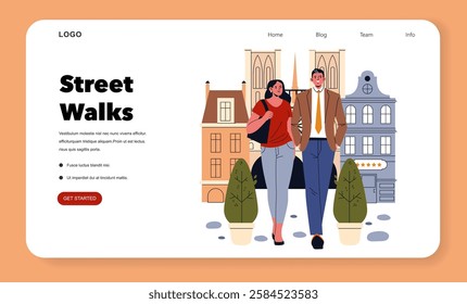 Eurotour concept. Couples exploring charming streets of a city during a leisurely walk. Illustrates the joy of discovering urban landscapes, social interactions, and cultural experiences. Vector