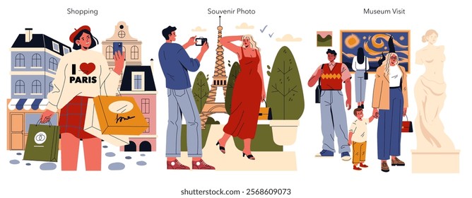 Eurotour concept. The lively experience of exploring European culture through shopping, taking pictures, and visiting museums. Capturing the joy of travel, engaging in activities that highlight